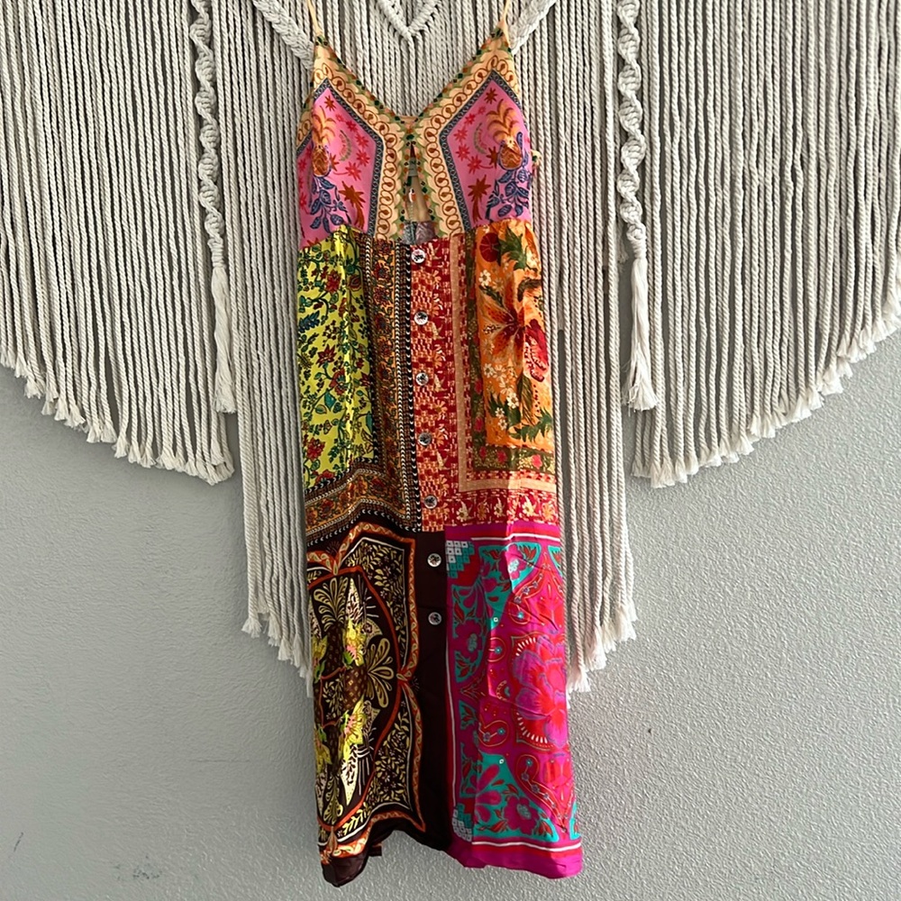 Farm Rio SZ XL Multi Color Mixed Scarves Ecovero Vicose Midi Dress NWT